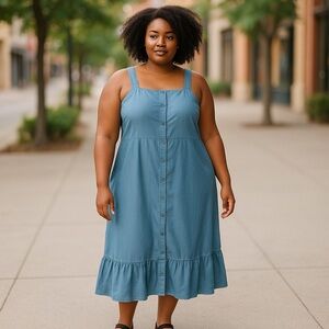 BDNZX Blue Denim Dress XXL Women Button Up Summer Casual‎ Ruffle Sleeveless